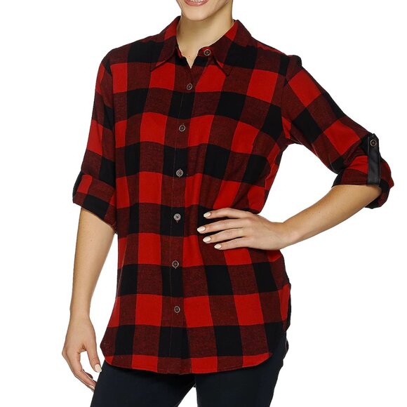 Joan Rivers Buffalo Check Shirt with Faux Leather Detail  16205 - Picture 1 of 2